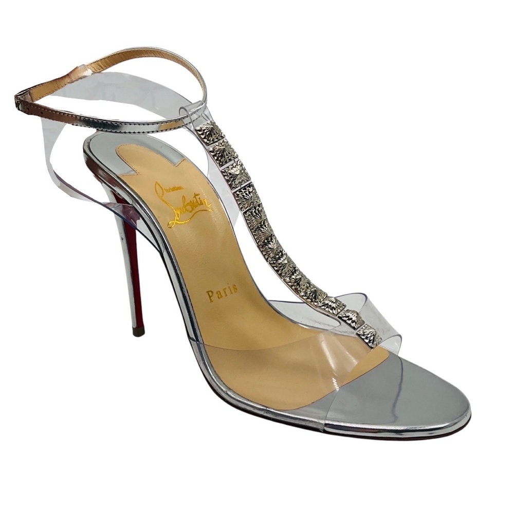 CHRISTIAN LOUBOUTIN VERSION SILVER JAMAIS ASSEZ 100 PVC AND SPECCHIO SANDALS - Picture 1 of 7